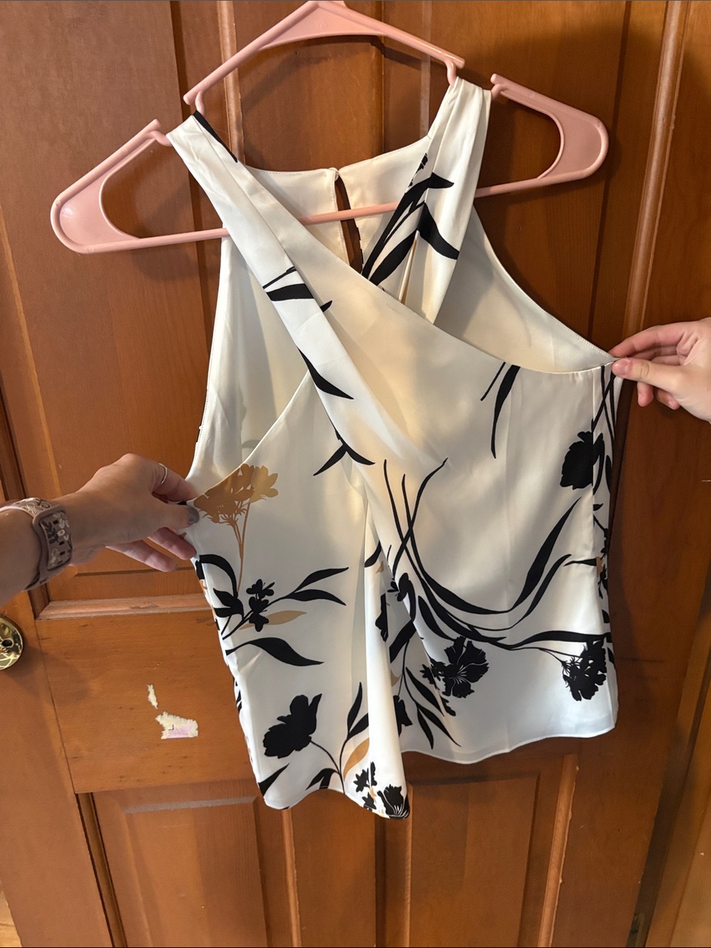 White House Black Market Cream Floral Crisscross-Back Camisole